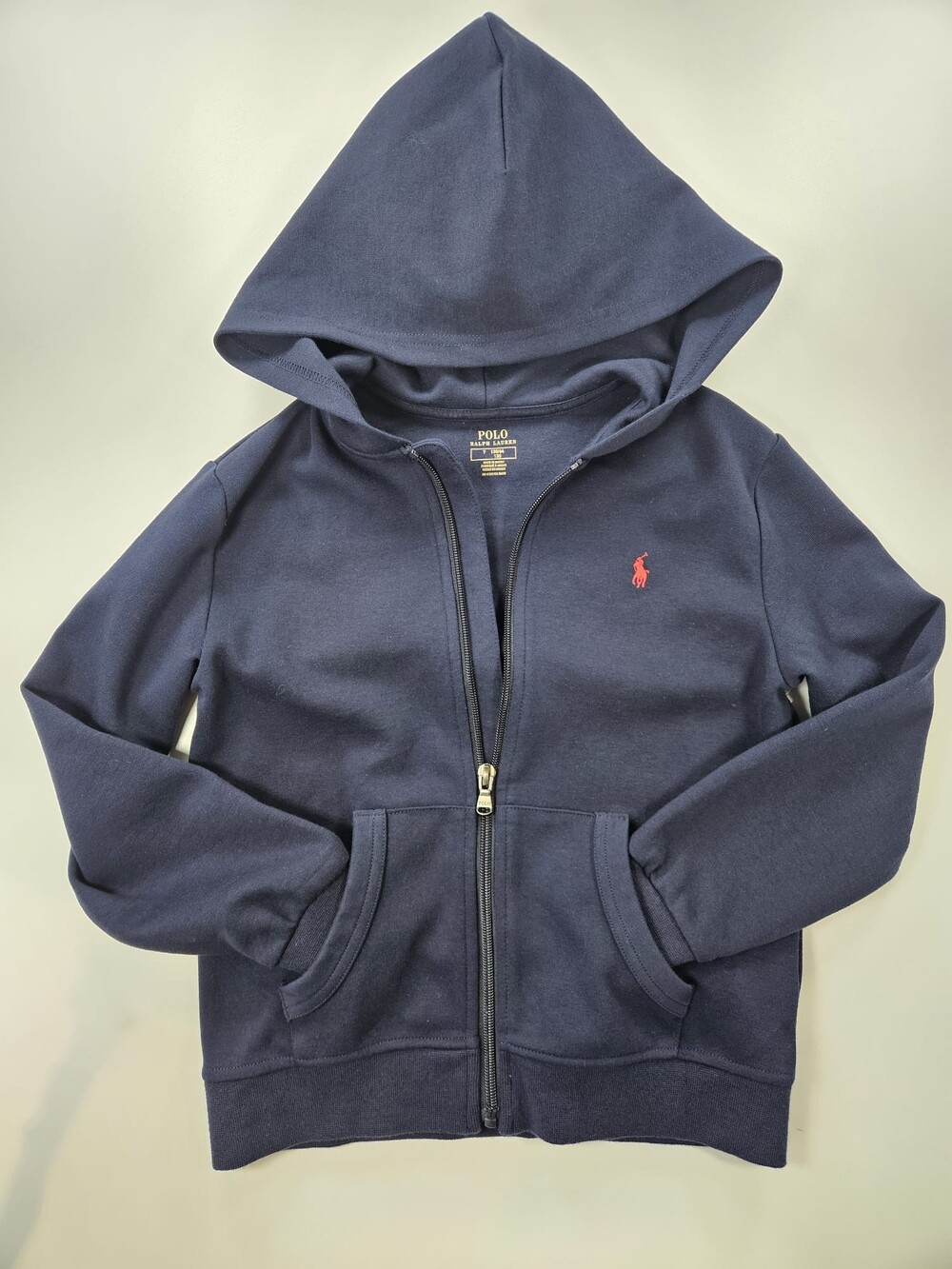 Polo Ralph Lauren Boys Size 7 Navy Full Zip Hoodie Red Pony Logo Cotton Blend